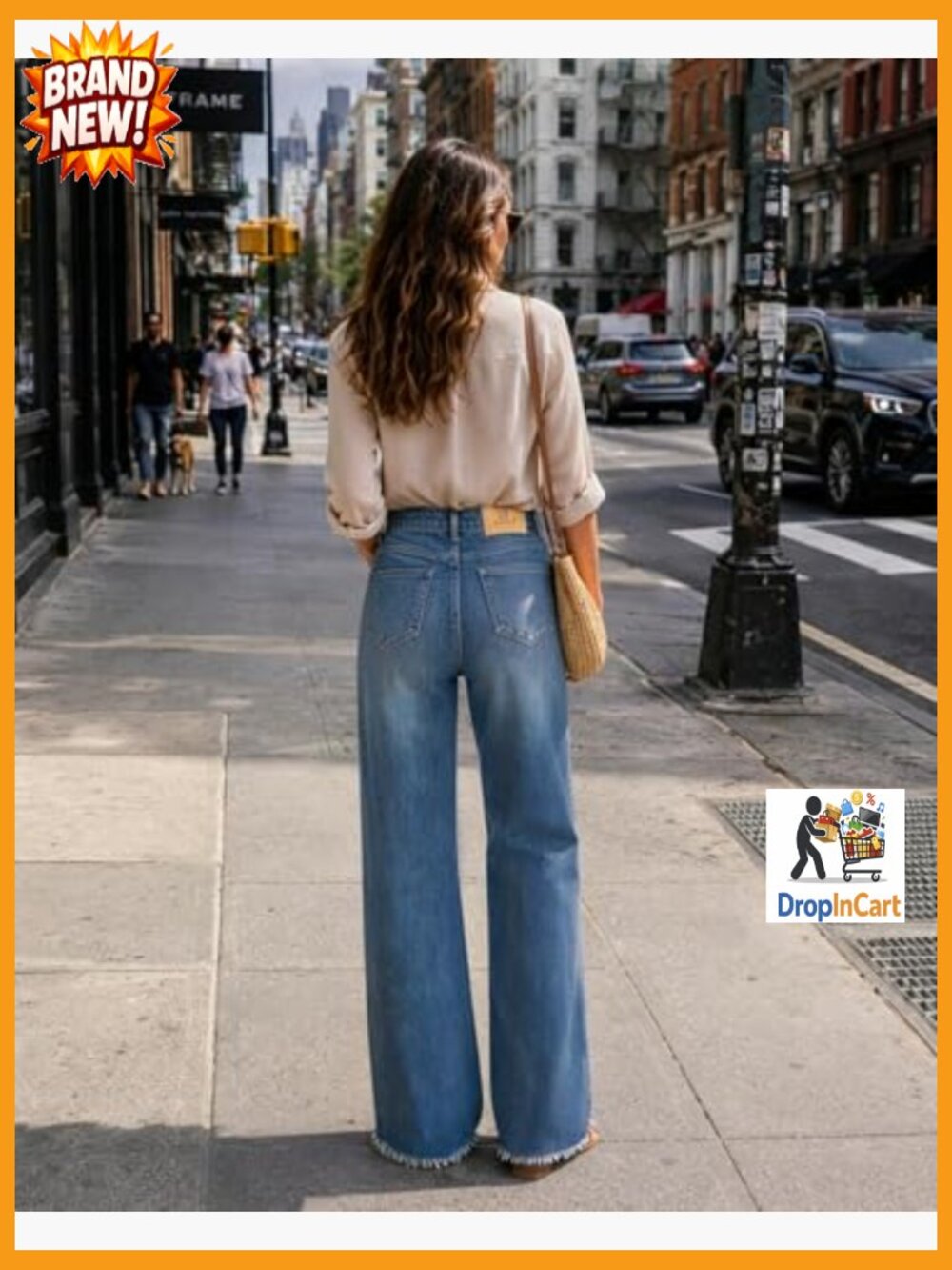 High Waisted Straight Leg Jeans Stretchy Loose Fit Tummy Control Raw Hem Denim - Picture 5 of 7